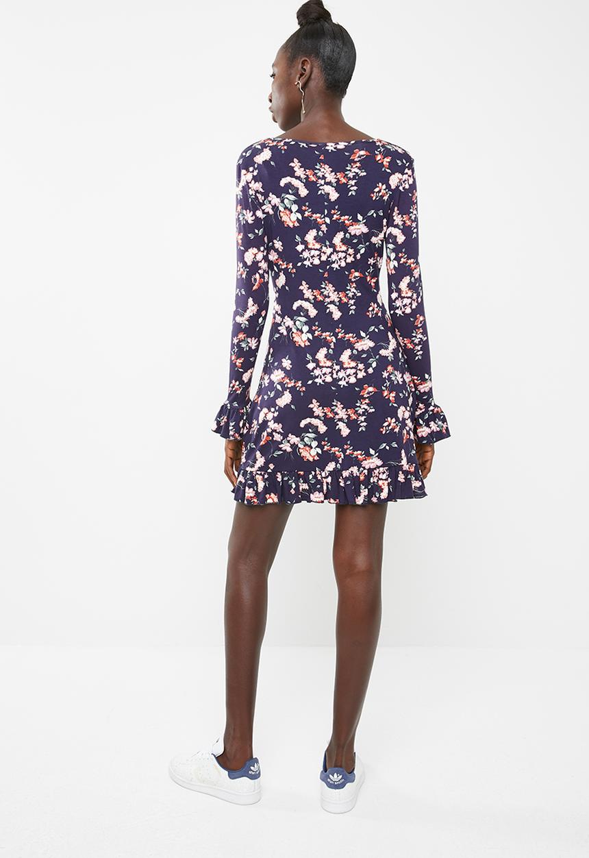Missguided - Floral front wrap dress - navy