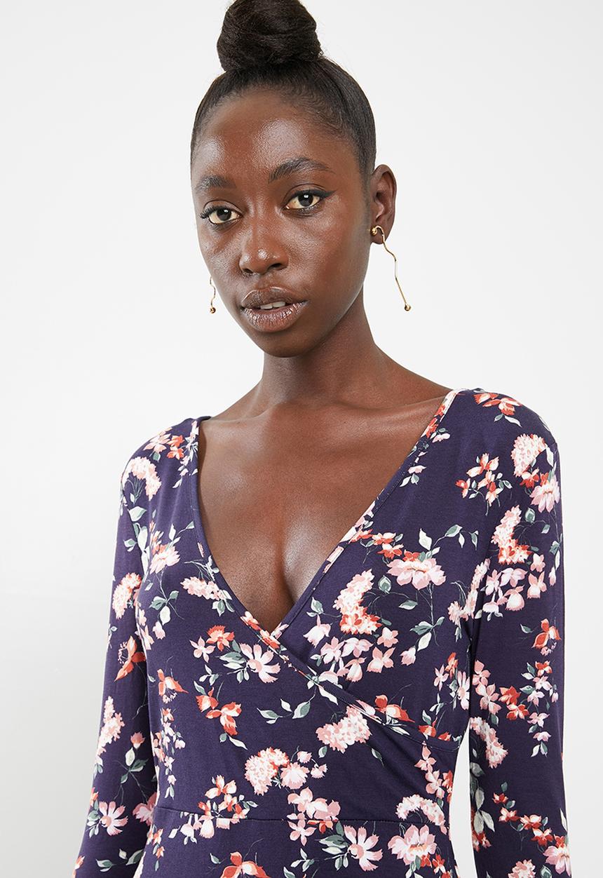 Missguided - Floral front wrap dress - navy