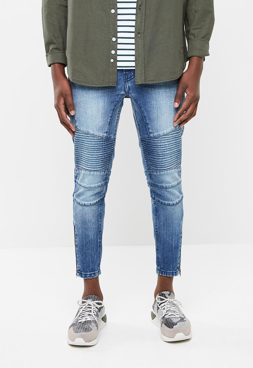Superbalist - Cropped skinny biker abrasions jeans - blue