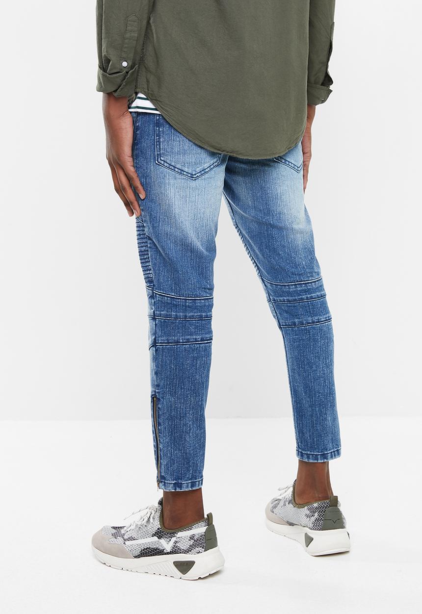 Superbalist - Cropped skinny biker abrasions jeans - blue