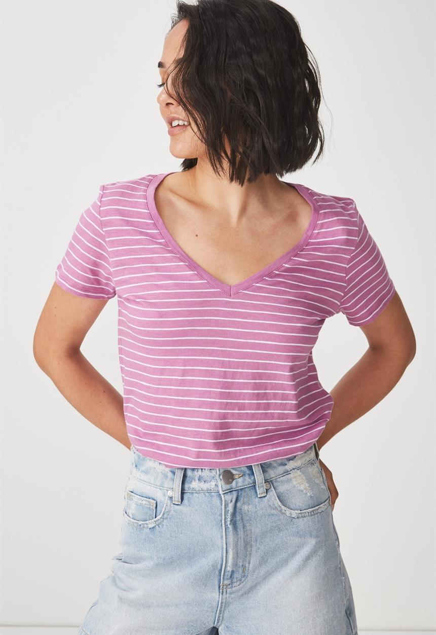 Cotton On - The deep v top - cleo stripe white