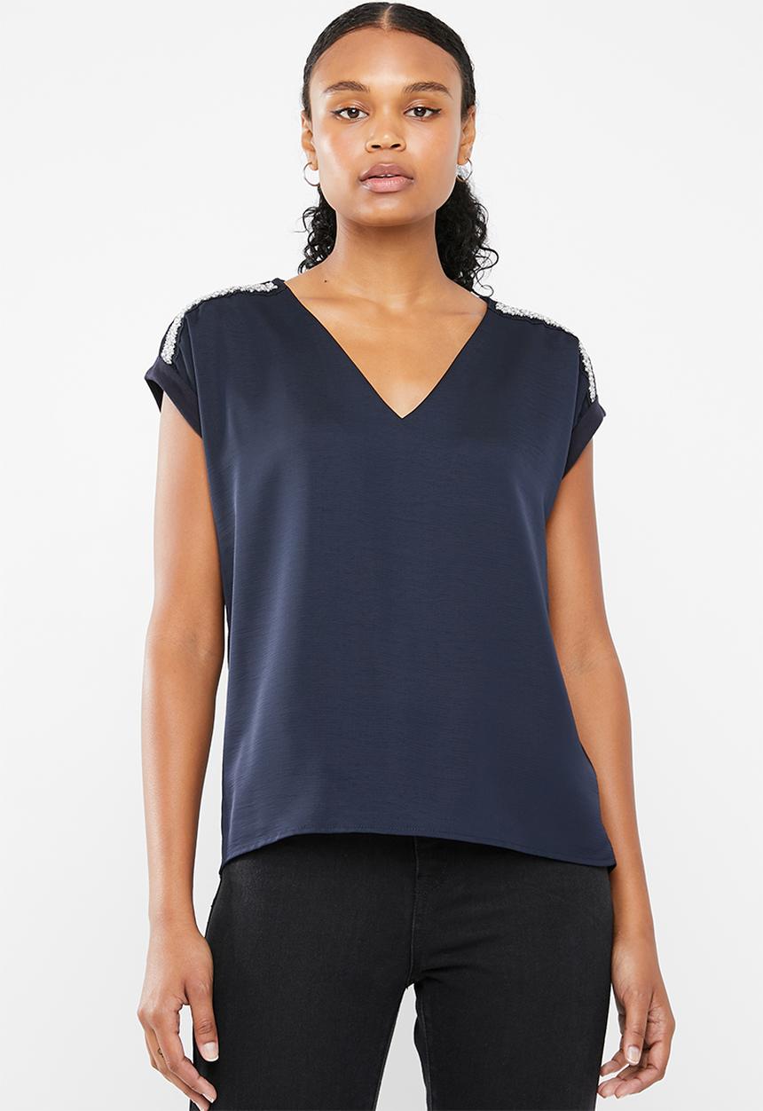 Vero Moda - Dean mix short sleeve wide top - navy
