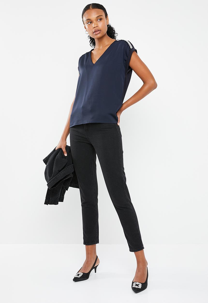 Vero Moda - Dean mix short sleeve wide top - navy