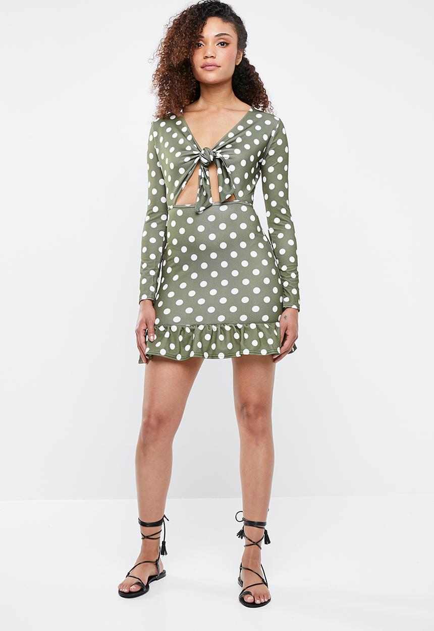 Missguided - Tie front polka dot ruffle hem dress - khaki green
