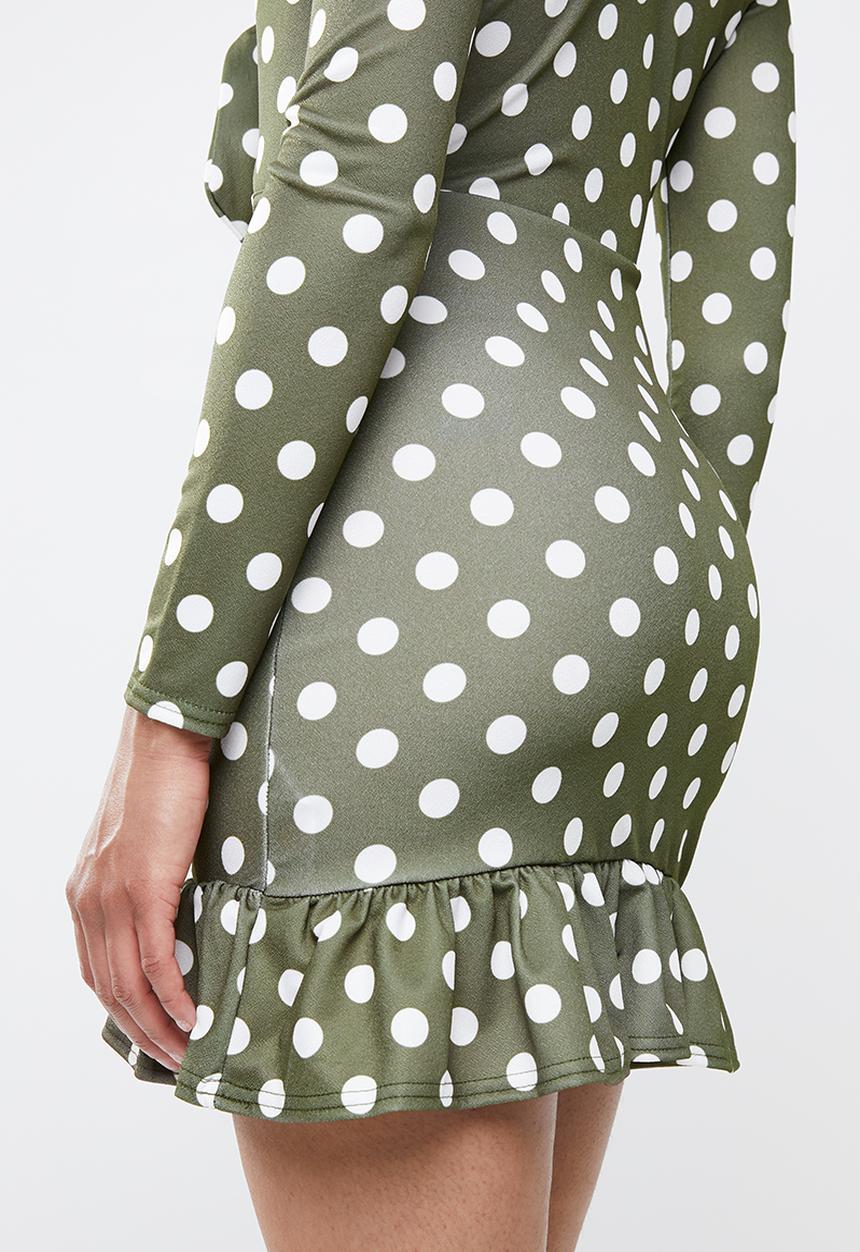 Missguided - Tie front polka dot ruffle hem dress - khaki green