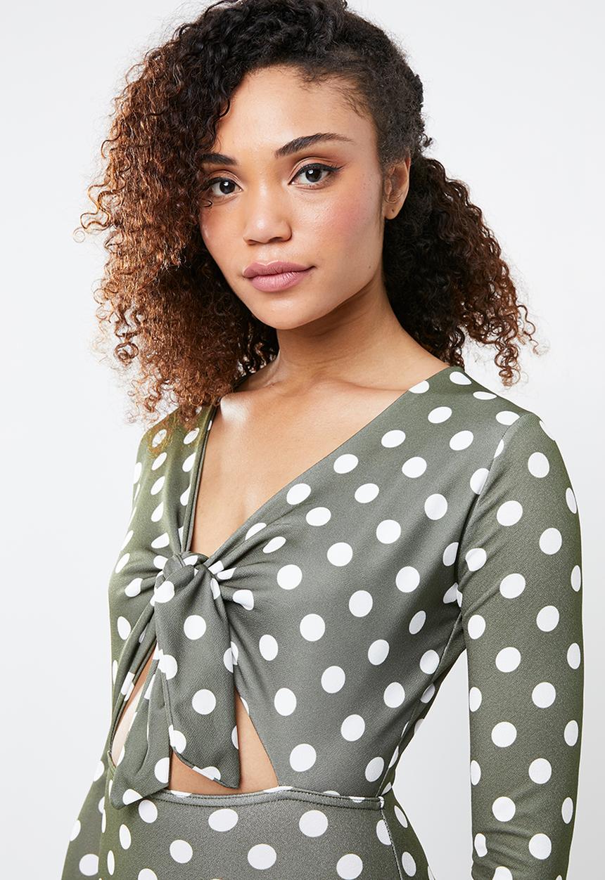 Missguided - Tie front polka dot ruffle hem dress - khaki green