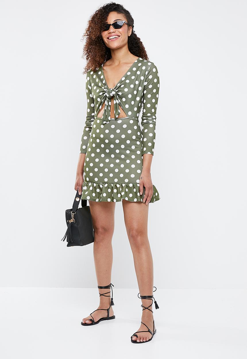 Missguided - Tie front polka dot ruffle hem dress - khaki green