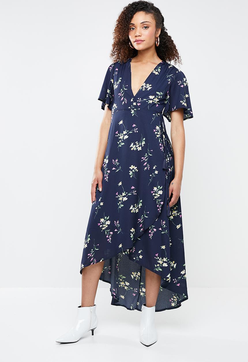 Missguided - High low wrap front midi tea dress - blue