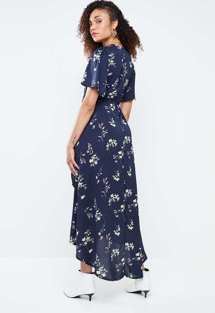 Missguided - High low wrap front midi tea dress - blue