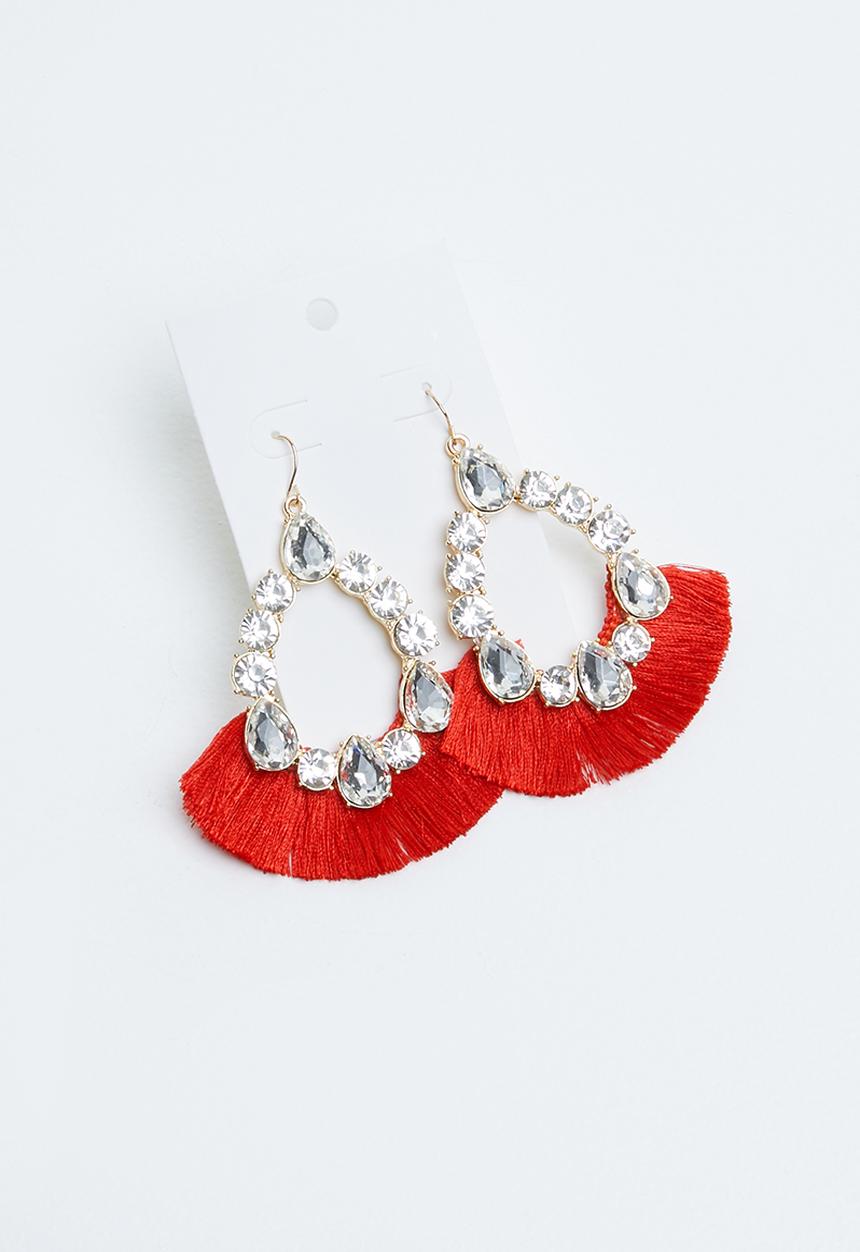 Joy Collectables - Diamante fringe earrings - red & gold