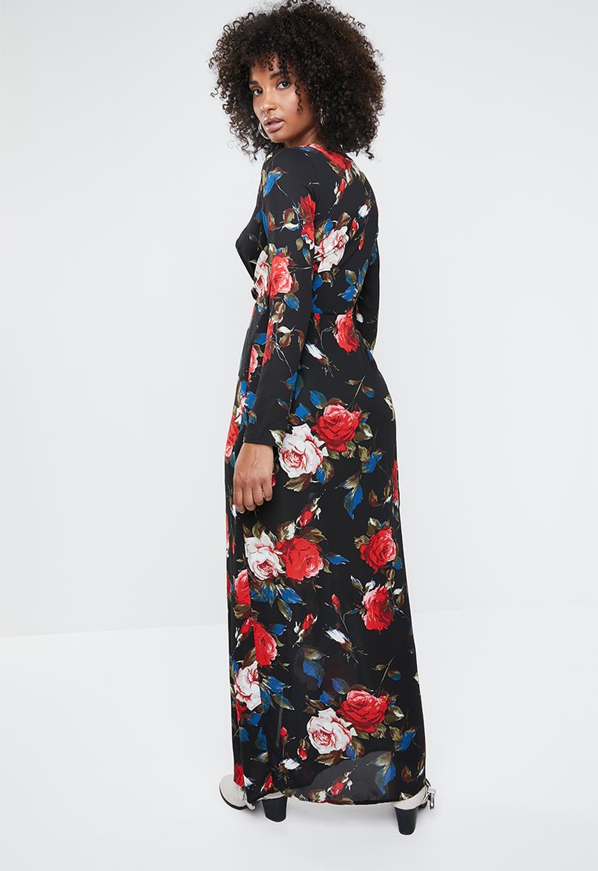 Missguided - Floral long sleeve twist wrap maxi dress- multi
