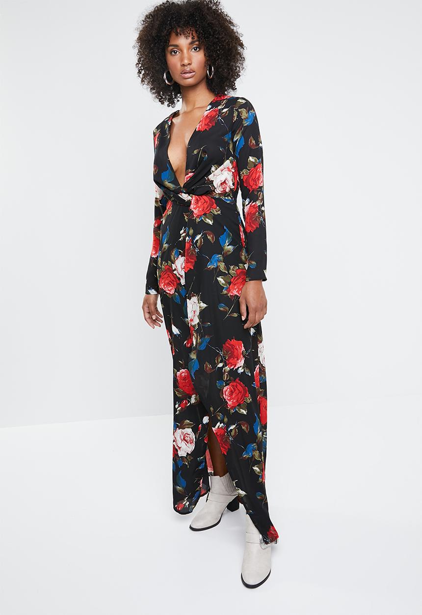 Missguided - Floral long sleeve twist wrap maxi dress- multi