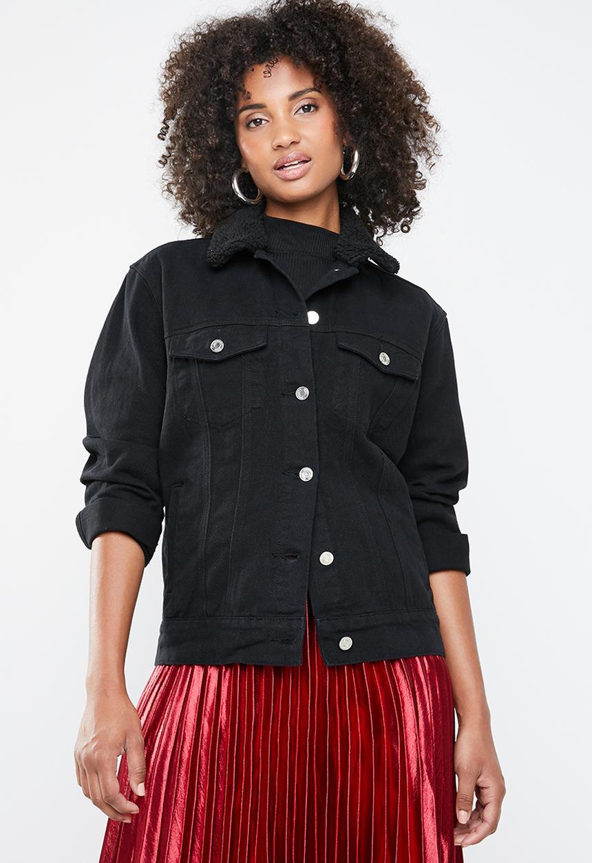 Missguided - Oversized teddy faux fur denim jacket - black