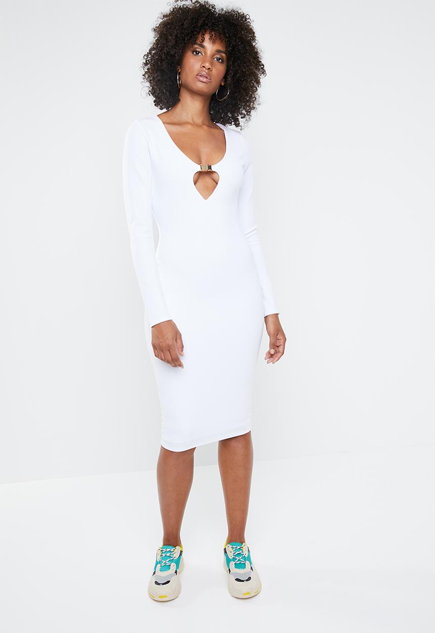 Missguided - Long sleeve buckle midi dress - white