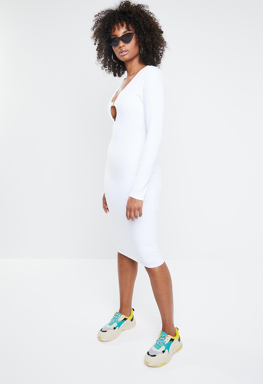 Missguided - Long sleeve buckle midi dress - white