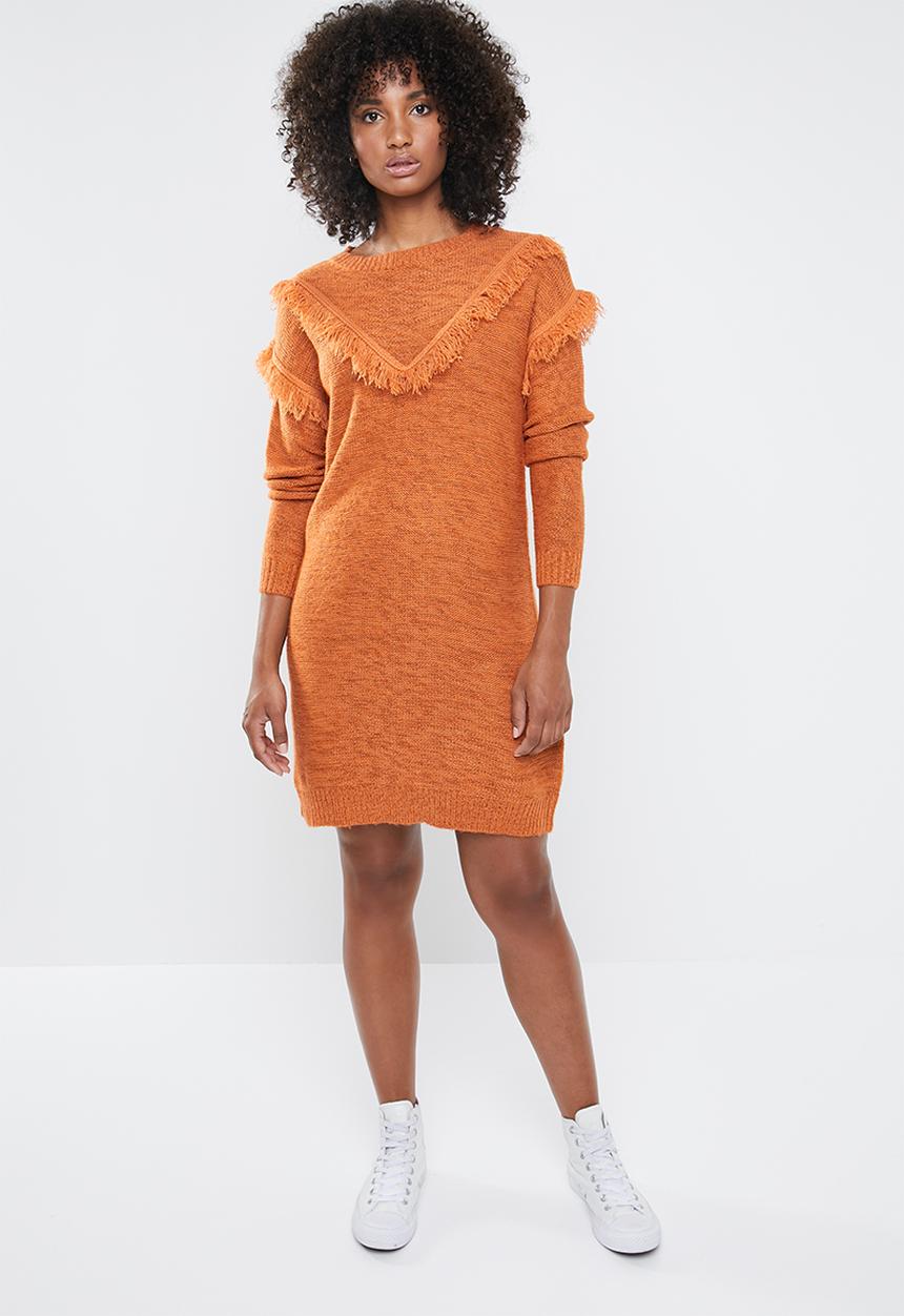 Vero Moda - Fringi long sleeve boatneck dress - rust