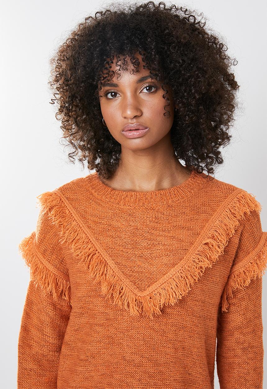 Vero Moda - Fringi long sleeve boatneck dress - rust