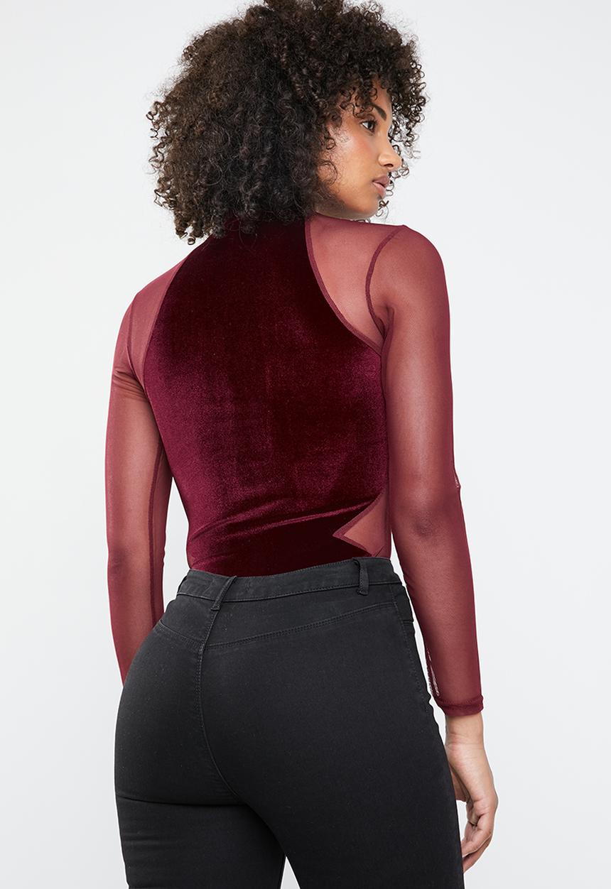 Missguided - Velvet bodysuit lace sleeves - burgundy