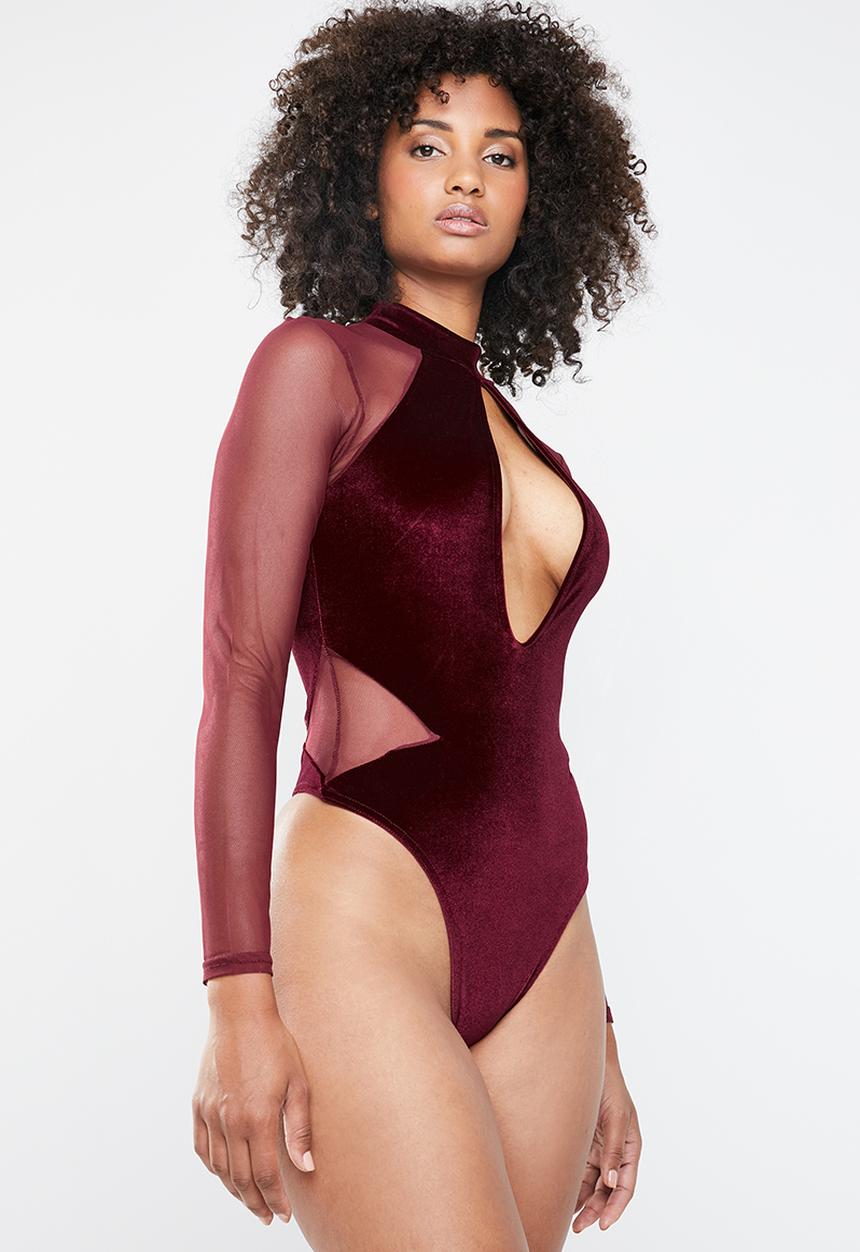 Missguided - Velvet bodysuit lace sleeves - burgundy