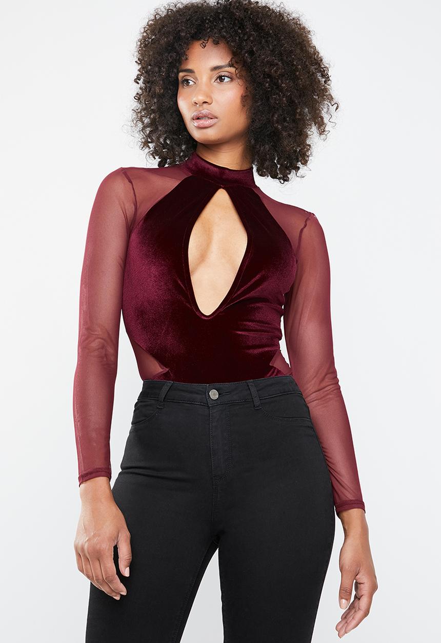 Missguided - Velvet bodysuit lace sleeves - burgundy