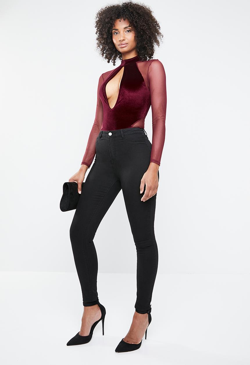 Missguided - Velvet bodysuit lace sleeves - burgundy