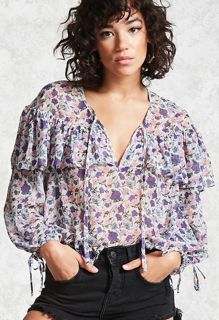 Forever21 - Floral blouse with tie detail - purple