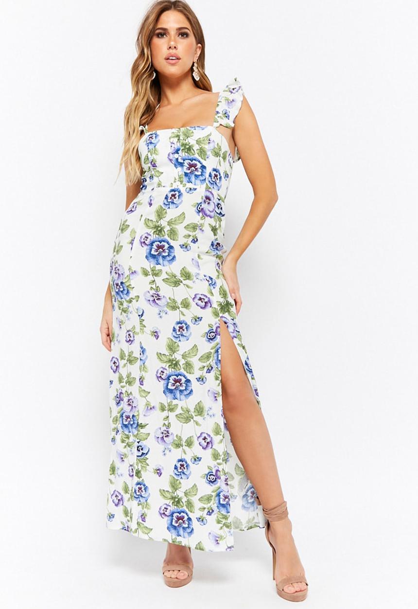 Forever21 - Floral maxi with side slit - white & blue