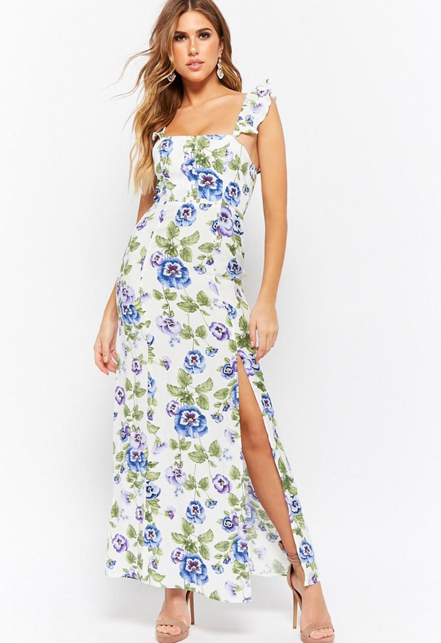 Forever21 - Floral maxi with side slit - white & blue