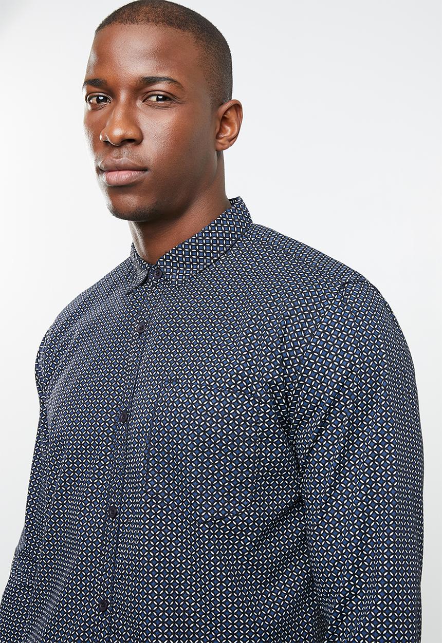STYLE REPUBLIC - Afro geo long sleeve shirt - blue & white 
