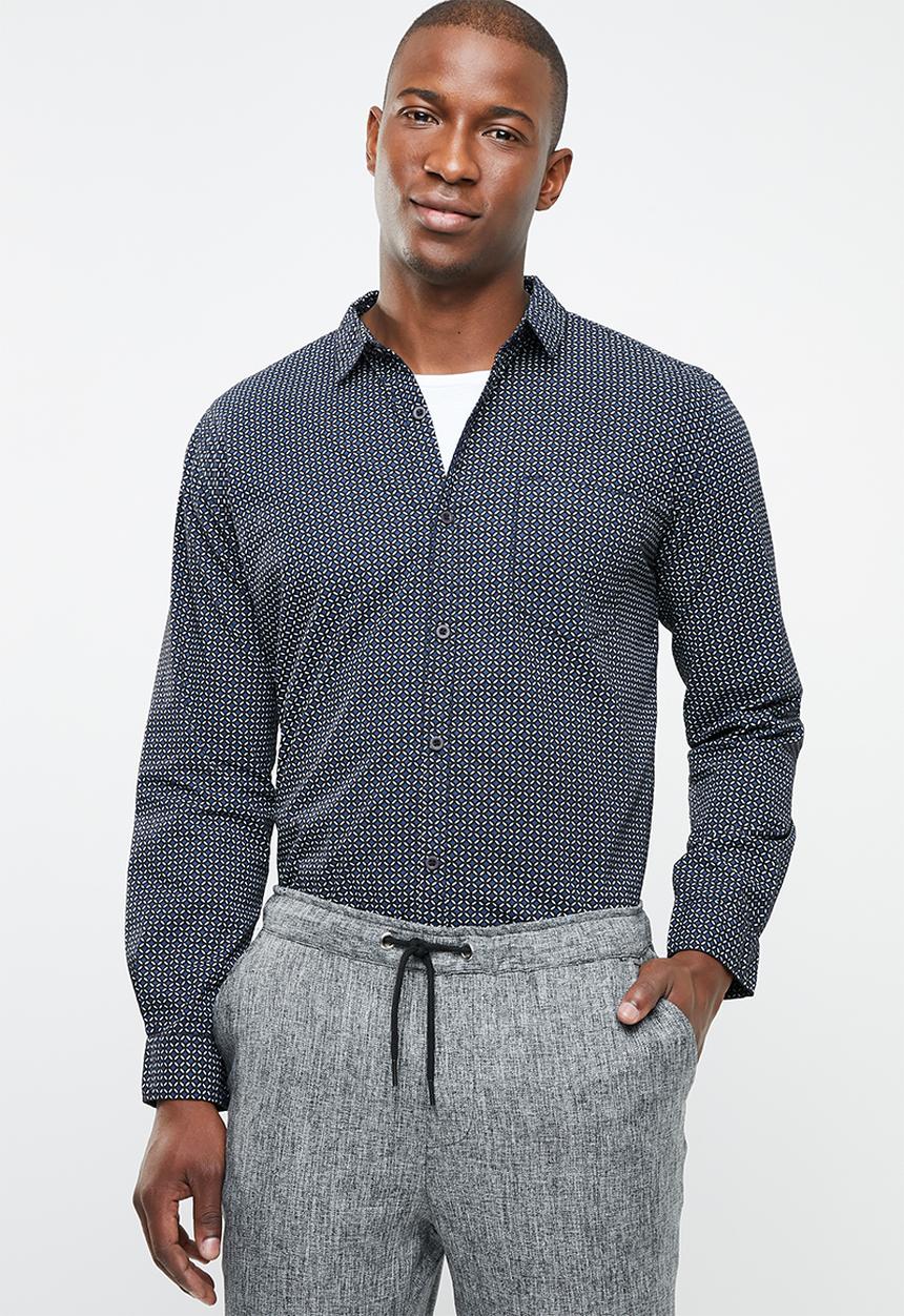 STYLE REPUBLIC - Afro geo long sleeve shirt - blue & white 