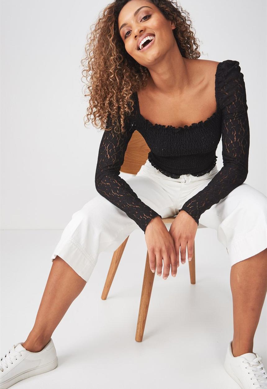 Cotton On - Eden long sleeve lace top - black