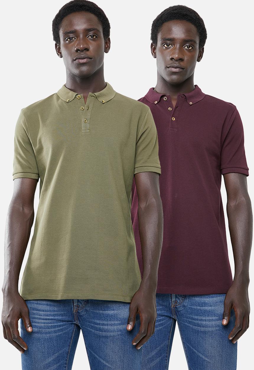 Superbalist - Pique short sleeve slim fit polo 2-pack tees - olive & burgundy 