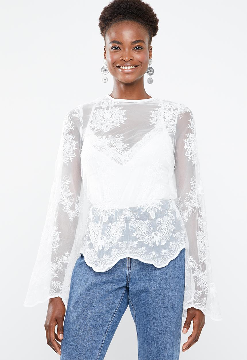 Missguided - High neck embroidered lace blouse - white