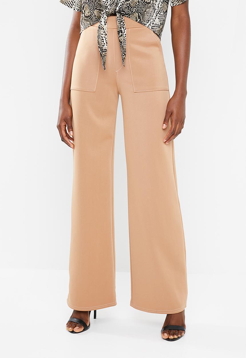 Missguided - Contrast stitch wide leg trousers - neutral