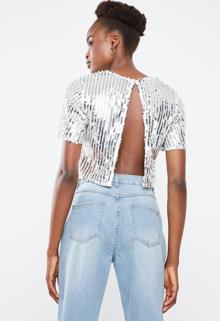 Missguided - Sequin crop top co-ord - silver