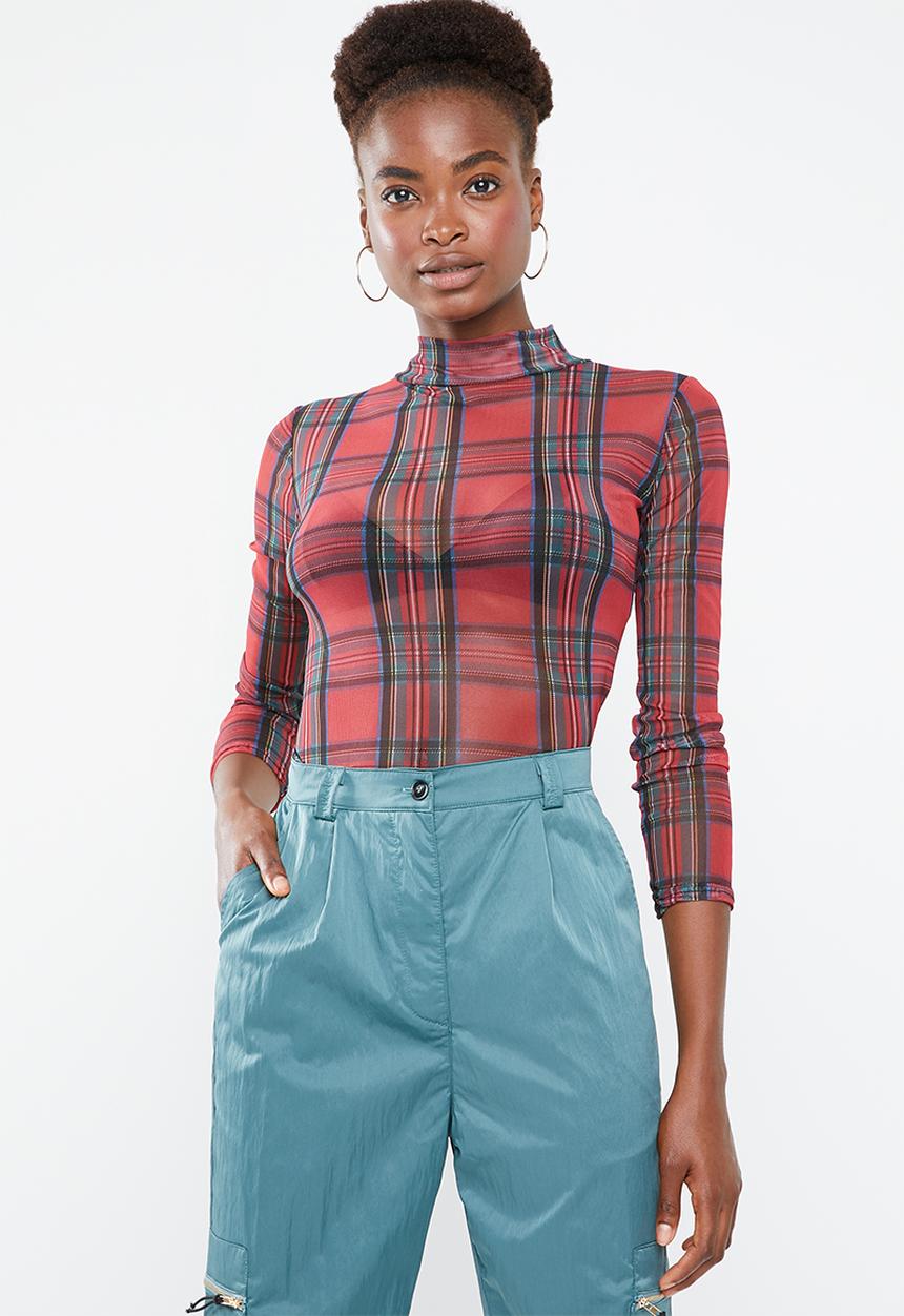 Missguided - High neck tartan mesh bodysuit - multi