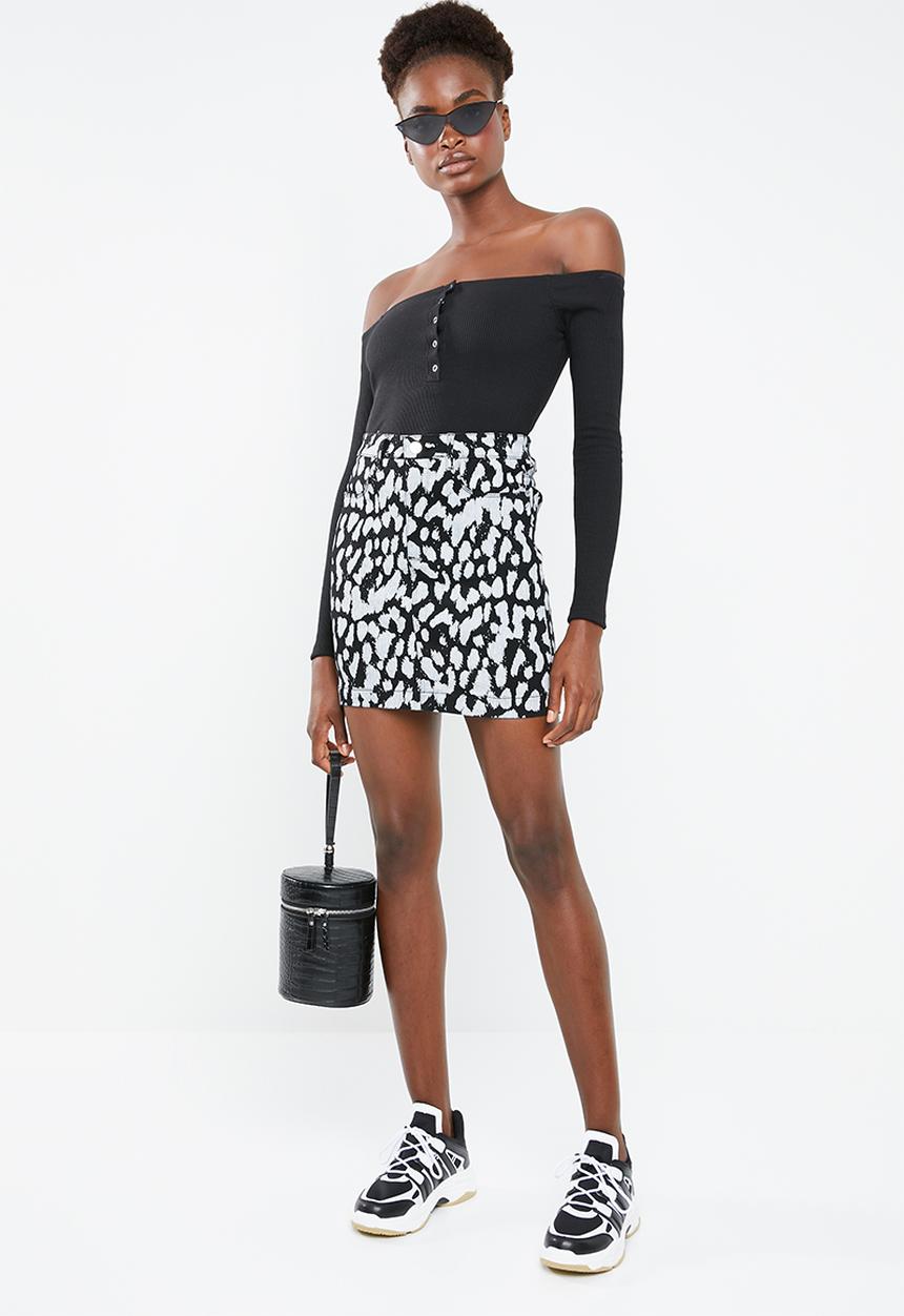 Missguided - Mono leopard super stretch denim skirt - black & white