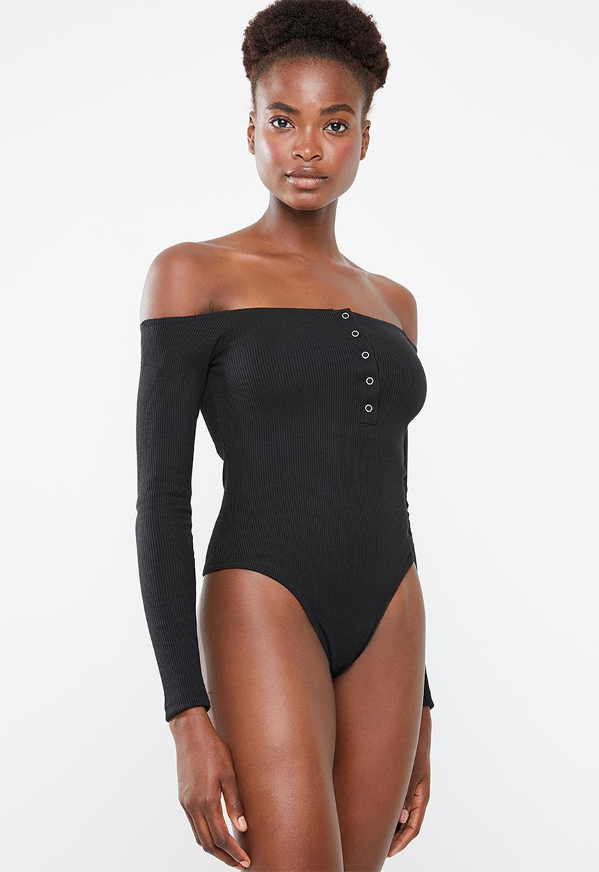 Missguided - Button front long sleeve rib bodysuit - black 