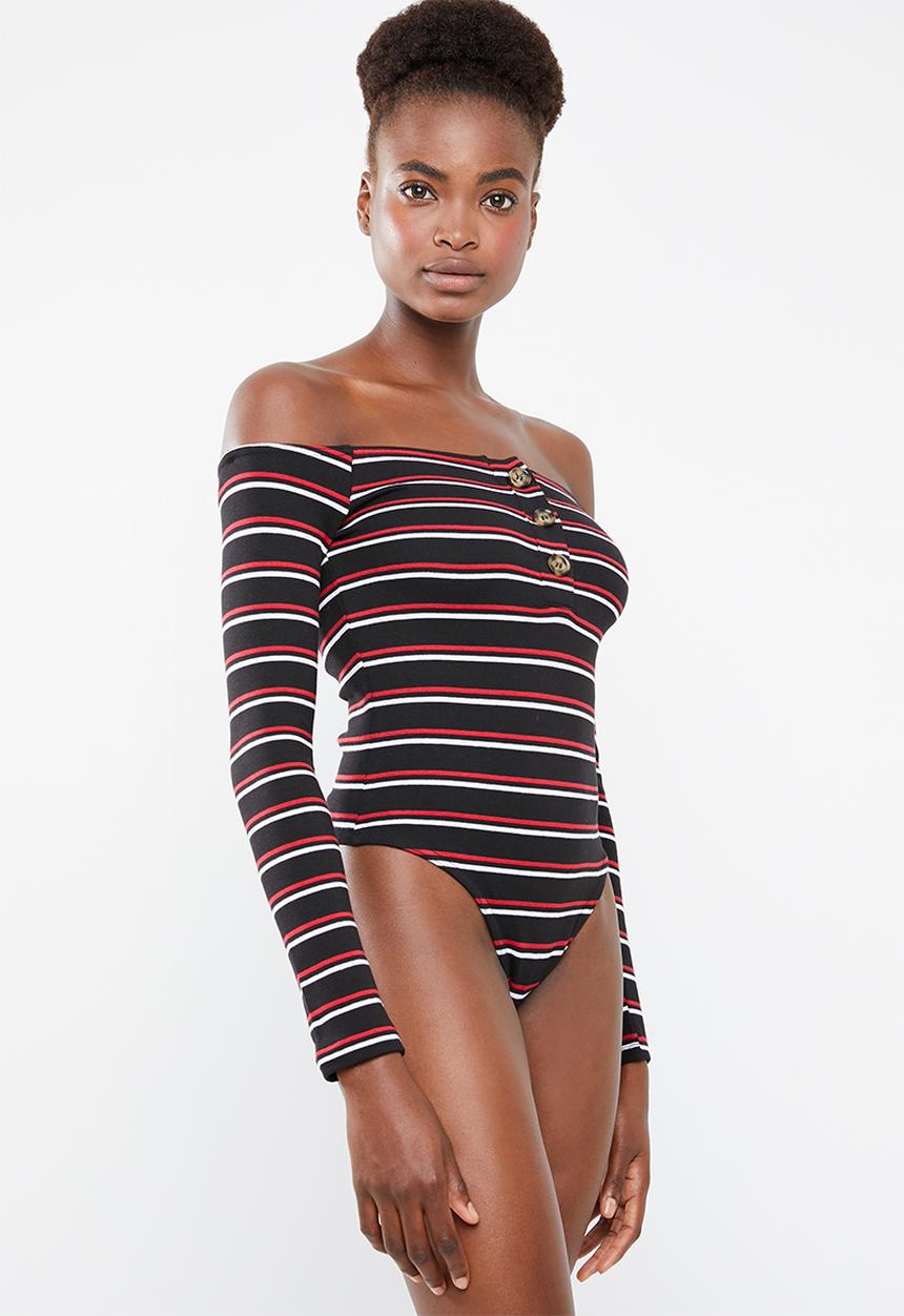 Missguided - Stripe bardot horn button bodysuit - black