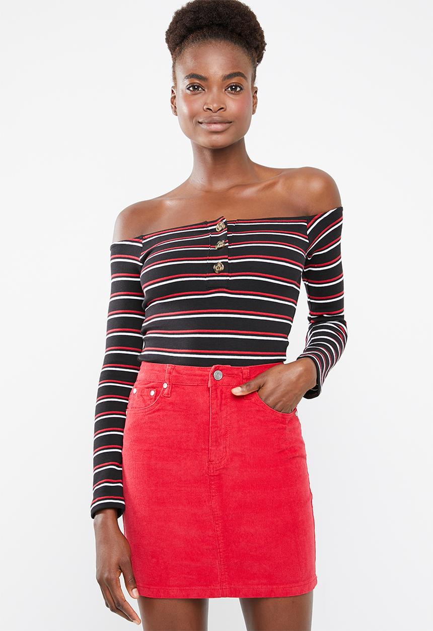 Missguided - Stripe bardot horn button bodysuit - black