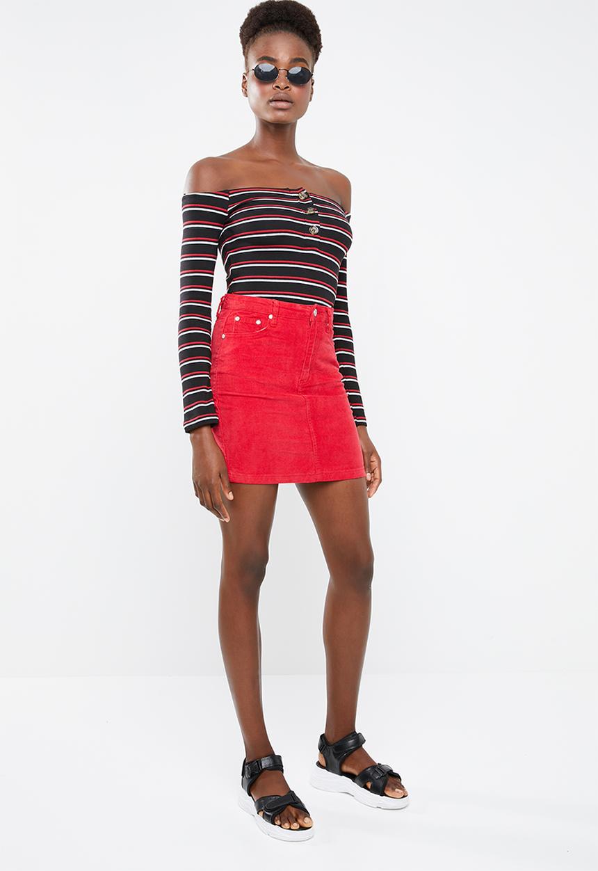 Missguided - Stripe bardot horn button bodysuit - black