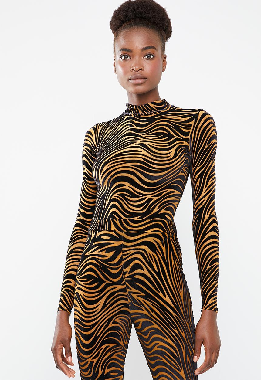 Missguided - Zebra velvet high neck bodysuit - rust