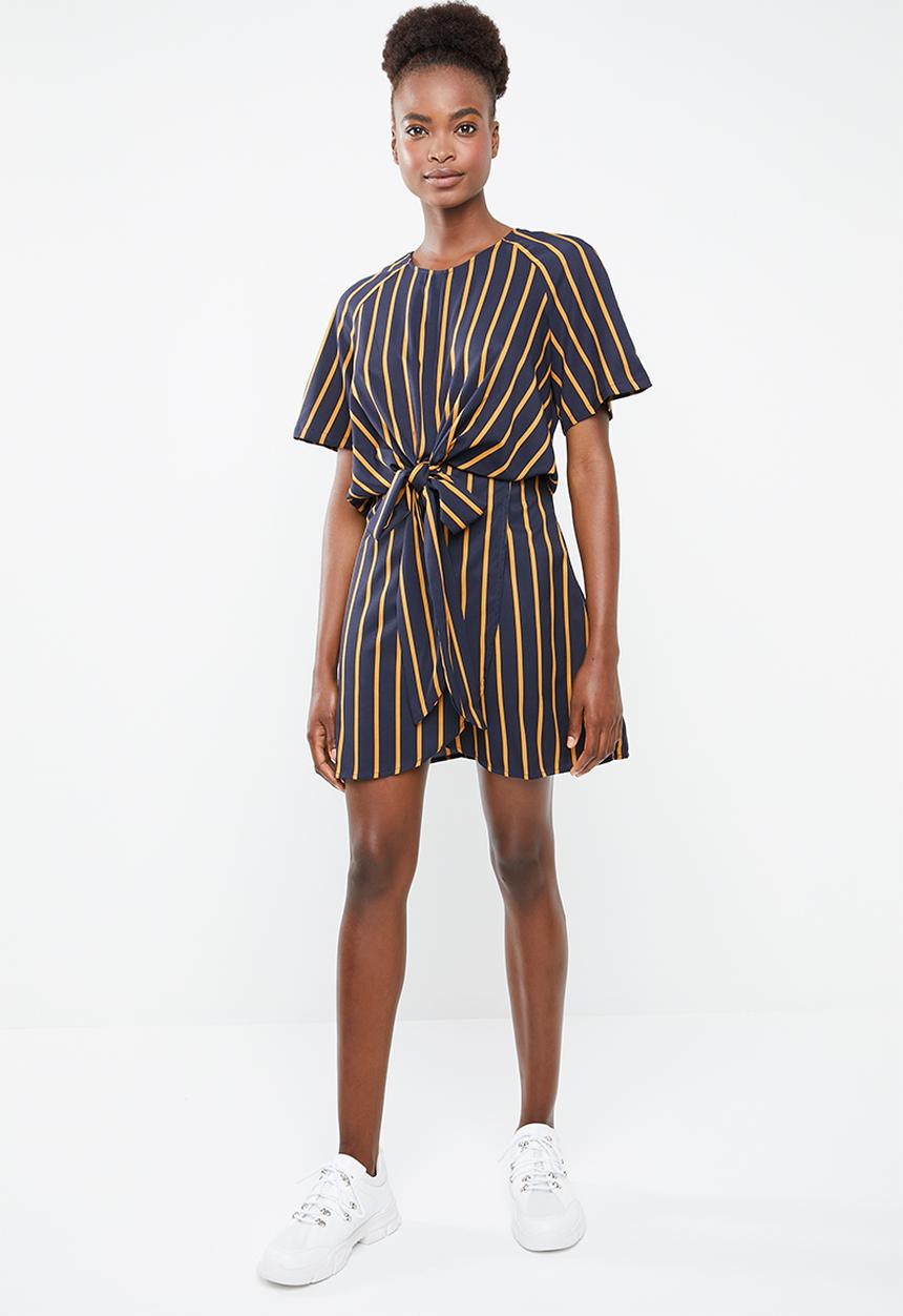 Missguided -  Tie detail striped dress - navy & yellow
