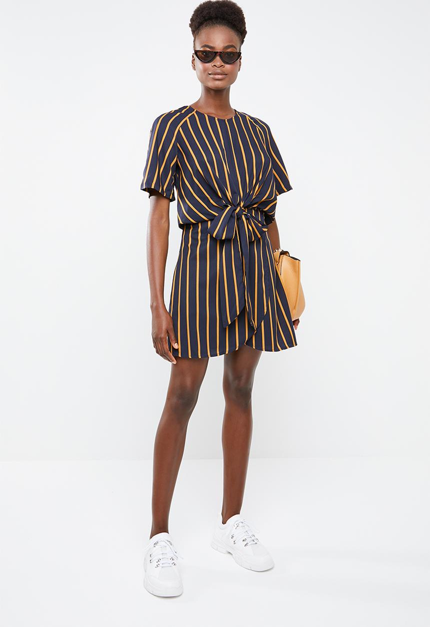 Missguided -  Tie detail striped dress - navy & yellow