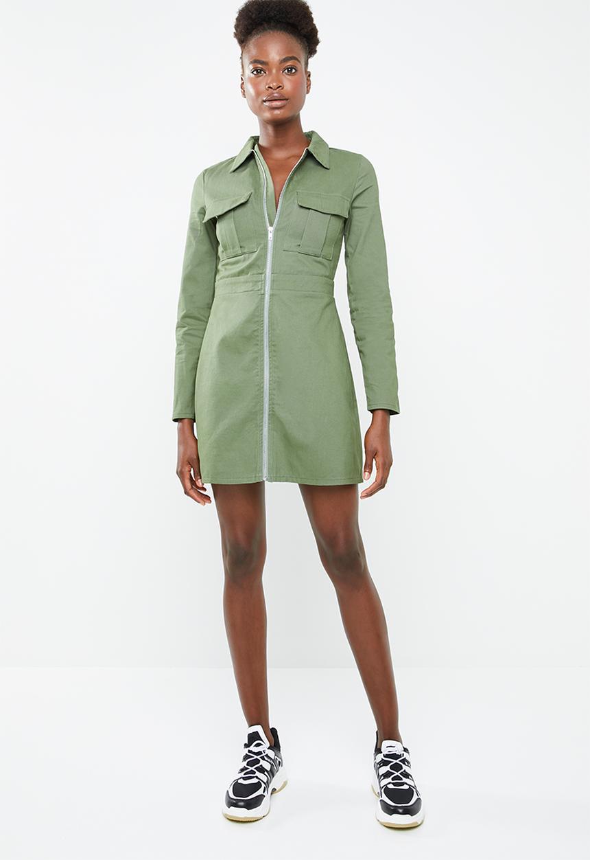 Missguided - Skater dress zip through dress - khaki green