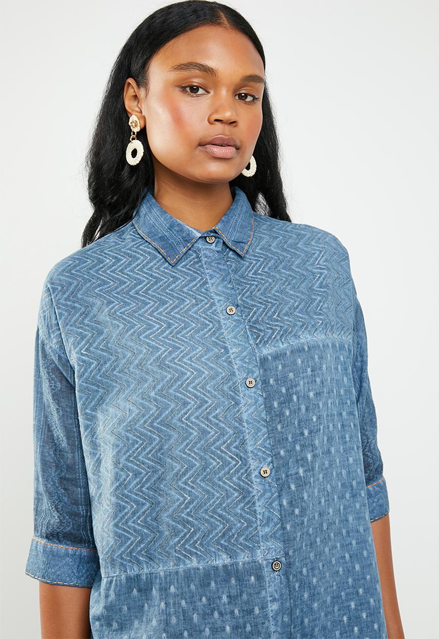 G Couture - Multi fabric design casual shirt - blue