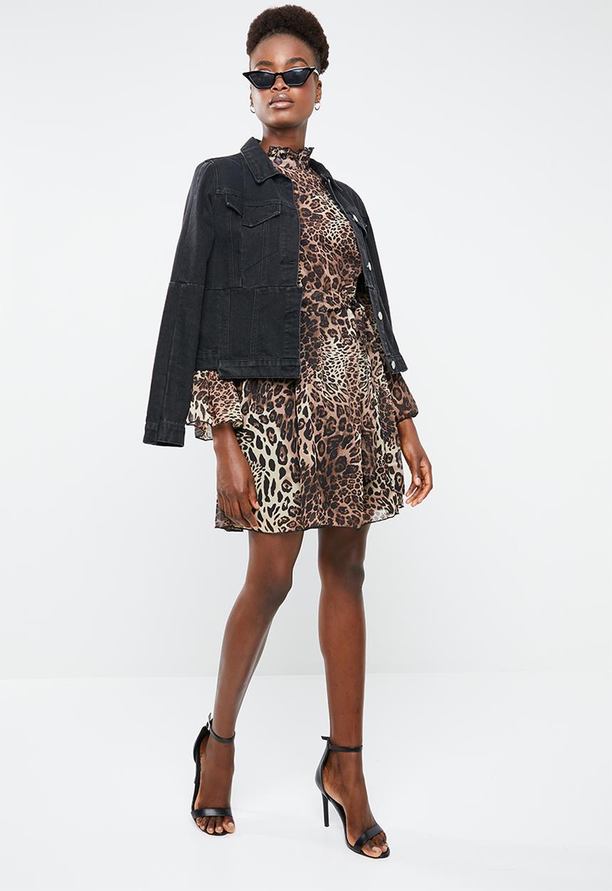 Missguided - High neck tie waist smock dress leopard print - brown