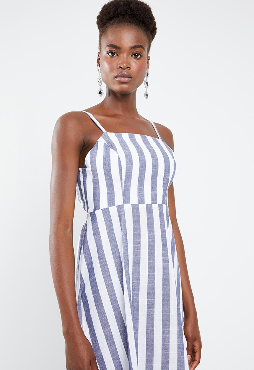 Superbalist - Linen blend square neck dress - white & navy