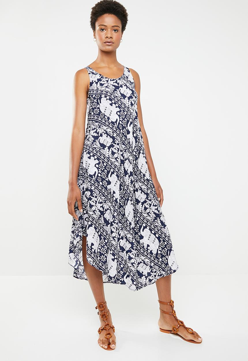 Revenge - Sleeveless elephant print midi - navy