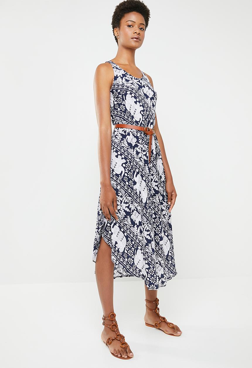 Revenge - Sleeveless elephant print midi - navy